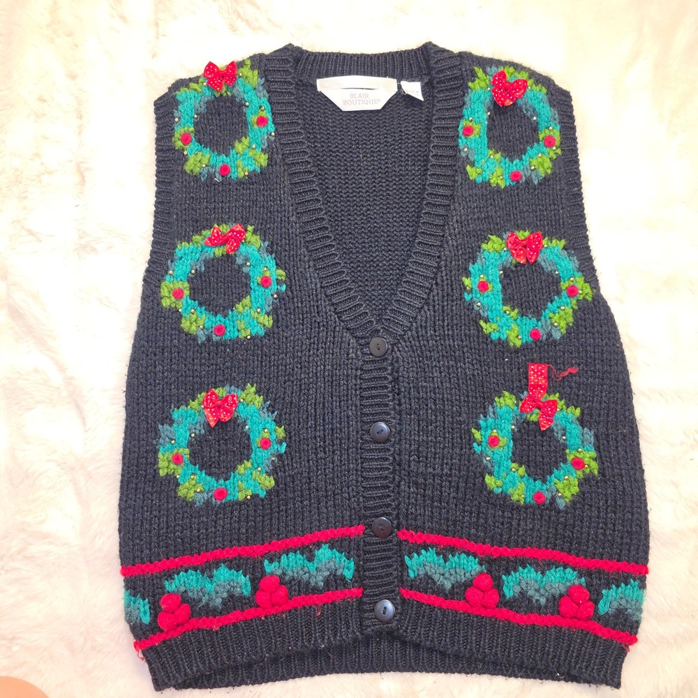 Blair Boutique Sweater Vest Women Medium Navy Blue Excellent Christmas Wreath
